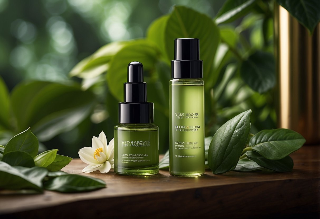 Lush green botanicals surround Yves Rocher beauty products in a serene Singapore setting