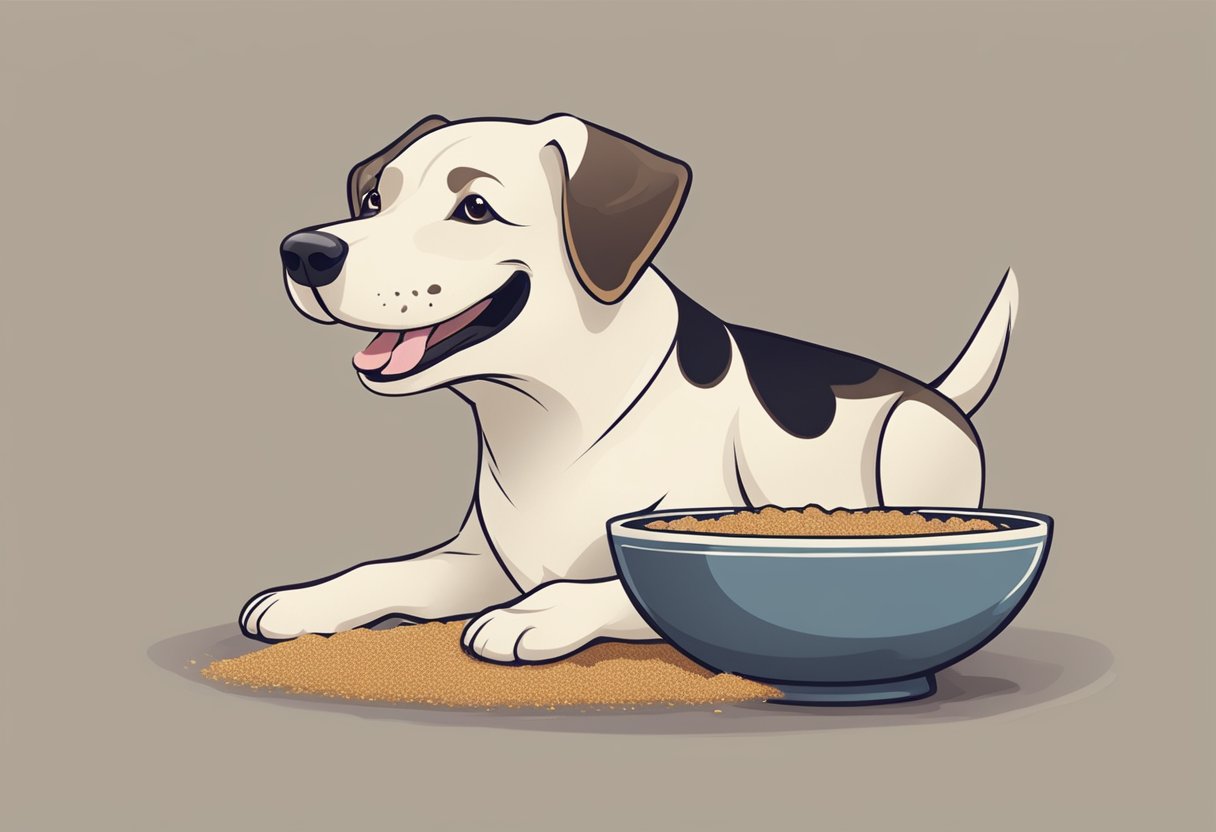 A dog eagerly eating teff from a bowl, with a happy expression and wagging tail.