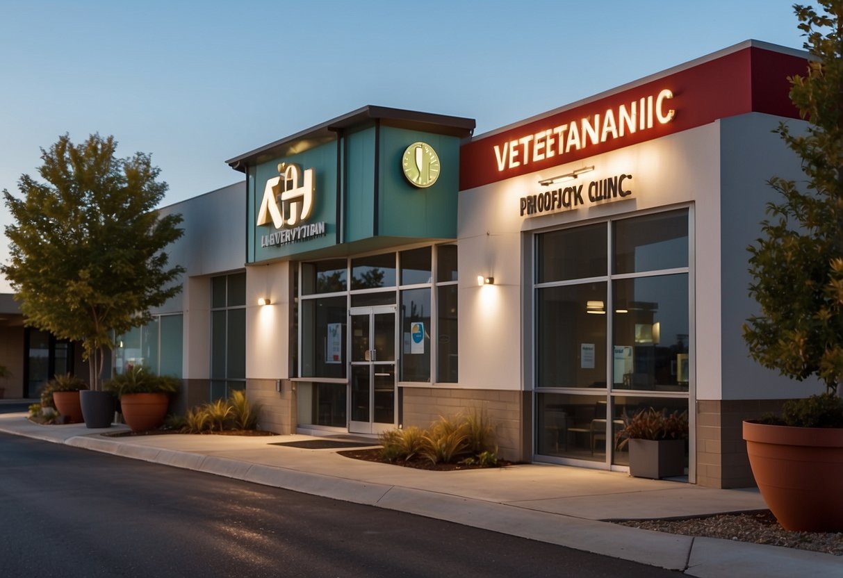 A bright, modern veterinary clinic with a 24-hour sign, ambulance bay, and bustling staff attending to a variety of animal patients