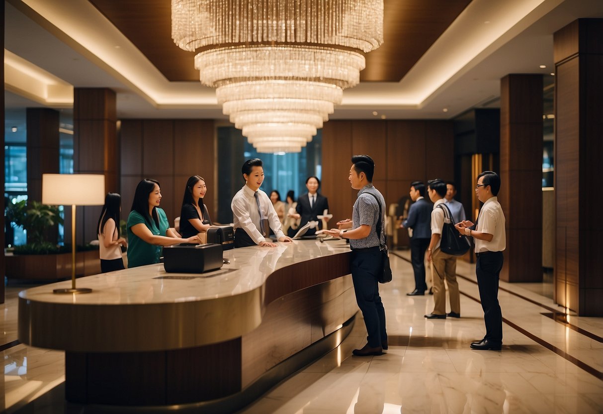 The bustling lobby of Westin Hotel Singapore, with guests checking in at the front desk and staff assisting with luggage