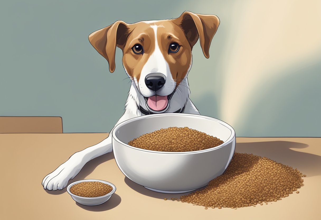 A dog eagerly eats a bowl of teff mixed with its regular food, wagging its tail in approval.