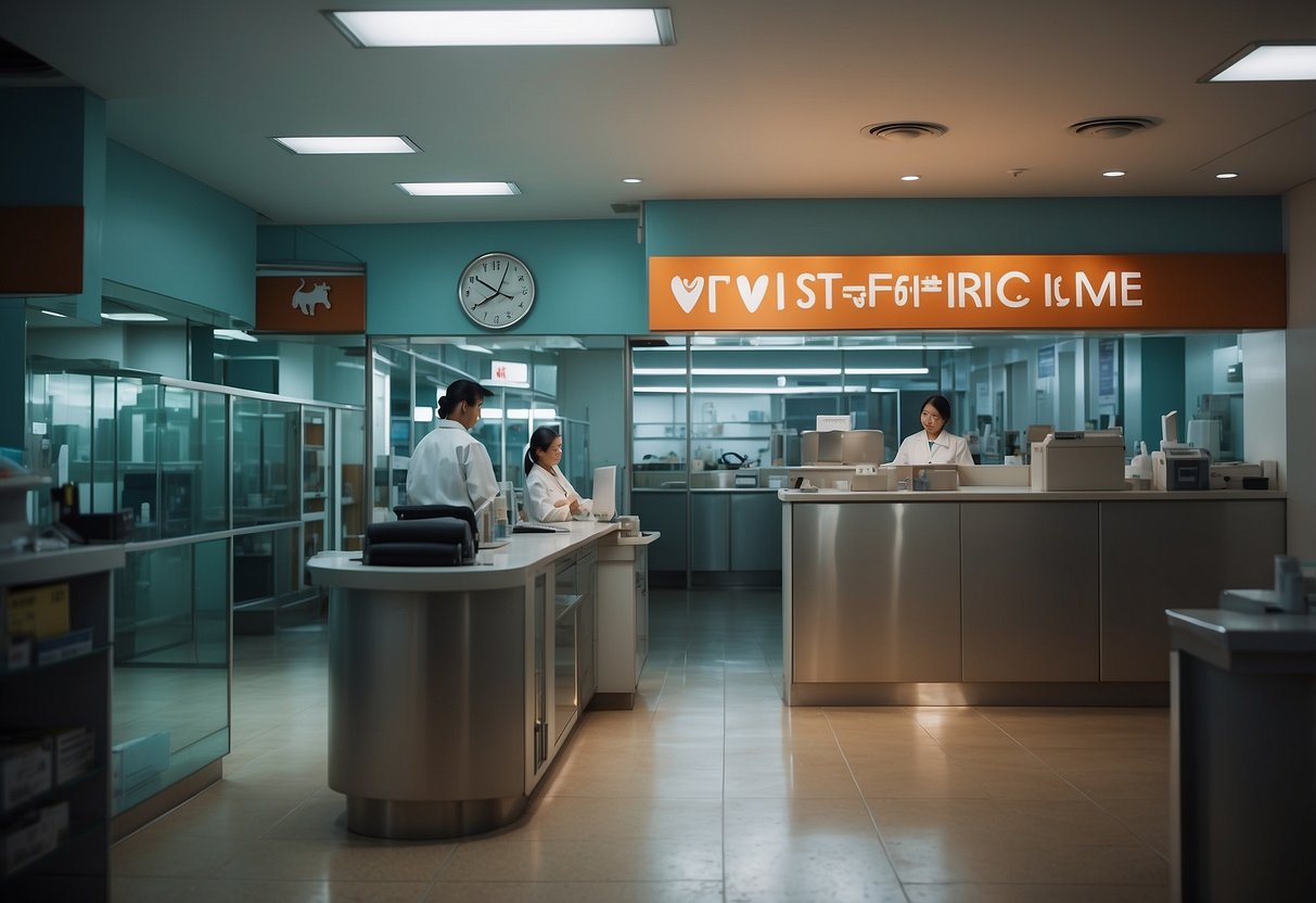 A bustling veterinary clinic in Singapore, with bright lights and a 24-hour sign. Various animals and their owners wait for specialized care