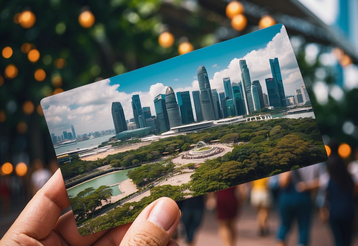 A vibrant cityscape with iconic Singapore landmarks and tourists redeeming vouchers at various attractions