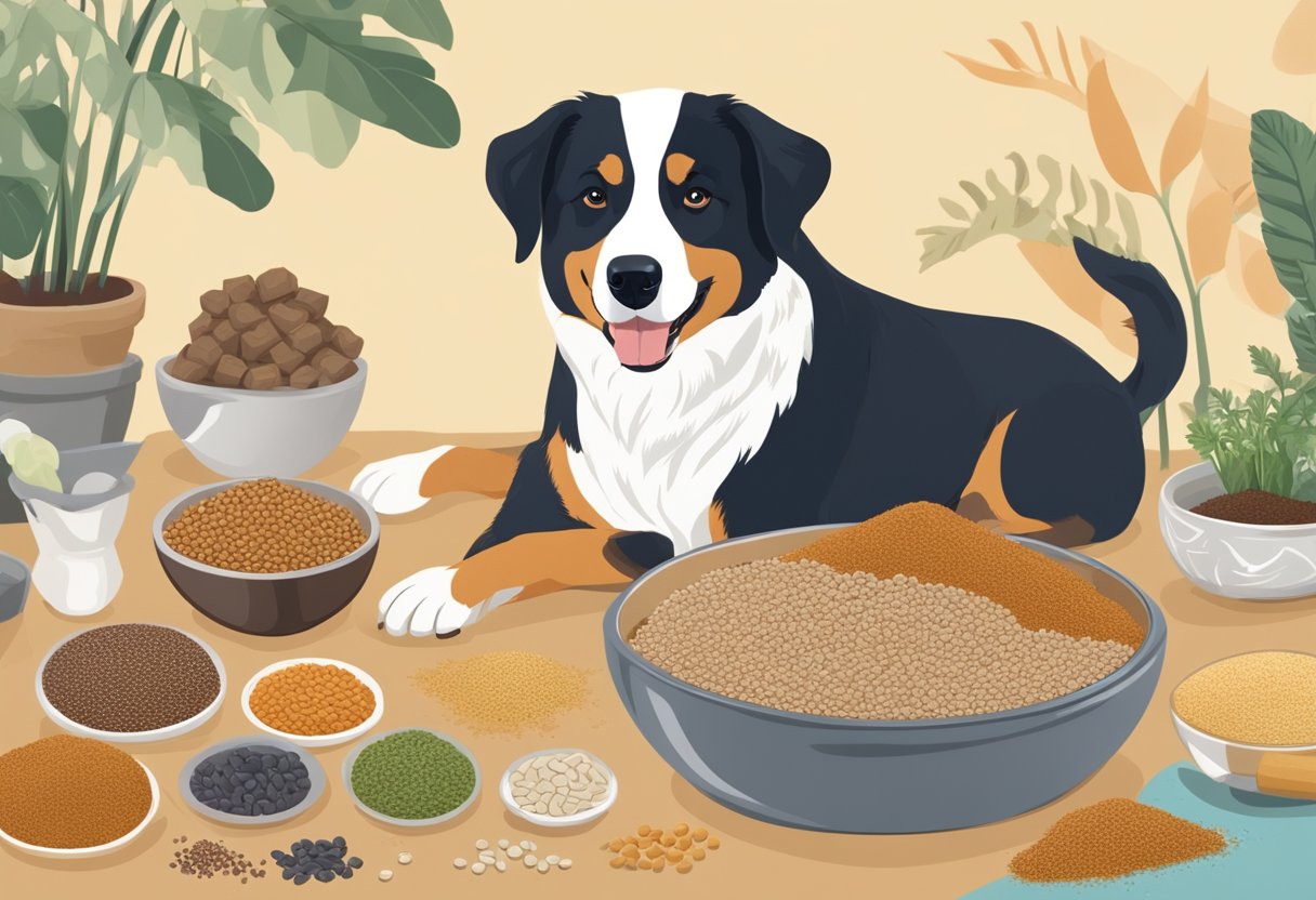 A happy dog eating teff kibble from a bowl, surrounded by various alternative grains and foods for dogs.
