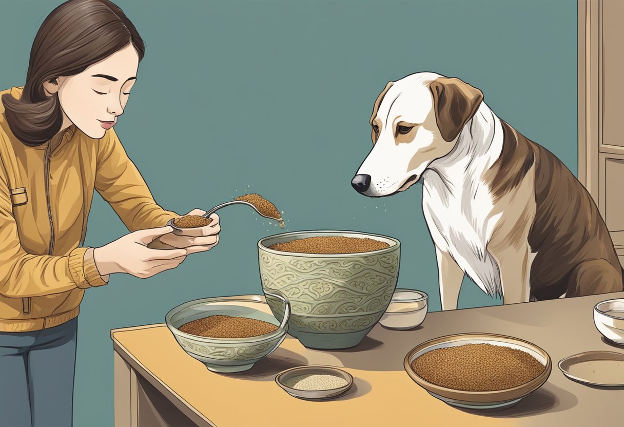 A dog eagerly sniffs a bowl of teff, while its owner watches attentively.
