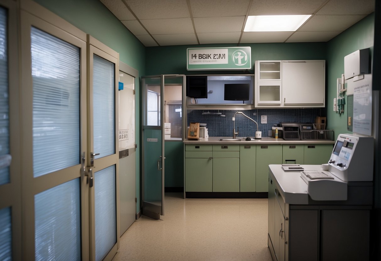 A vet clinic with a 24-hour sign, a waiting area, and an examination room. Animal cages and medical equipment are visible