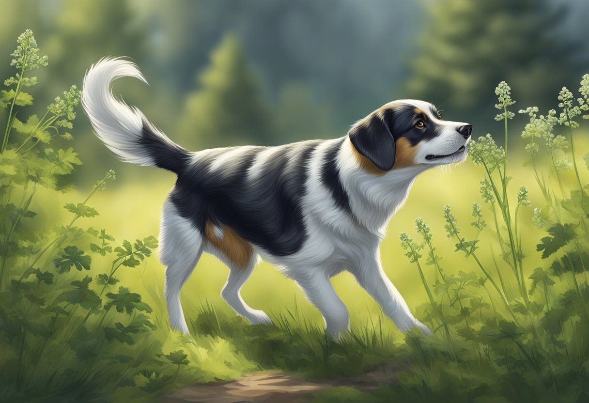 A dog eagerly sniffs a sprig of chervil, its tail wagging with curiosity.