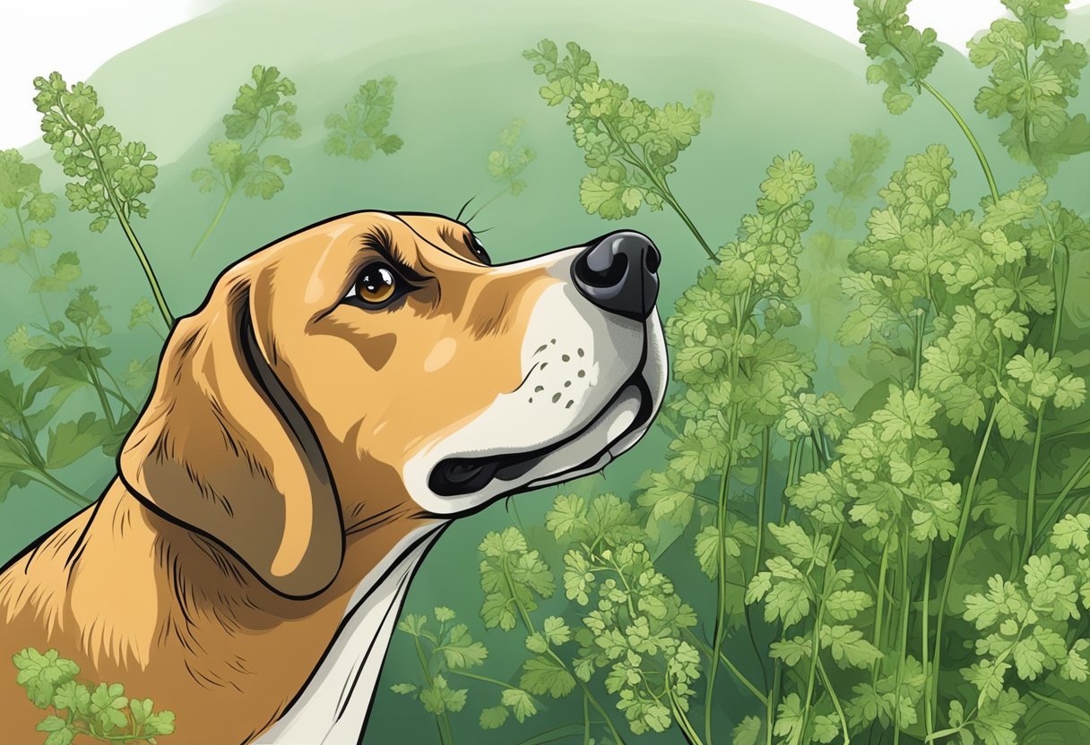 A dog sniffing a bunch of fresh chervil, with a questioning expression on its face.