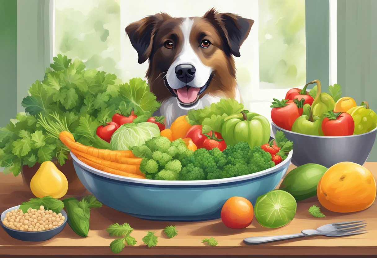 A happy dog with a bowl of chervil and a healthy meal, surrounded by vibrant fruits and vegetables.