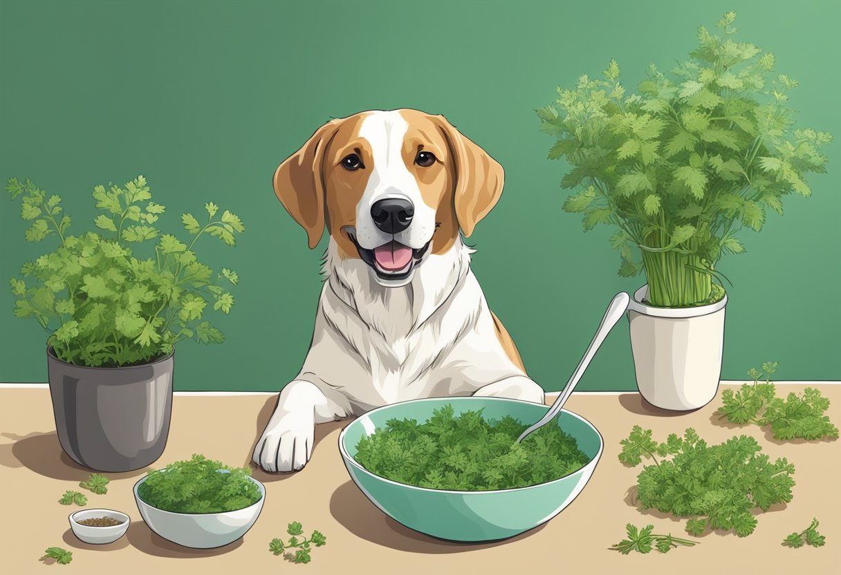 A dog eagerly eats chervil from a bowl. Canine-friendly herbs surround the scene.