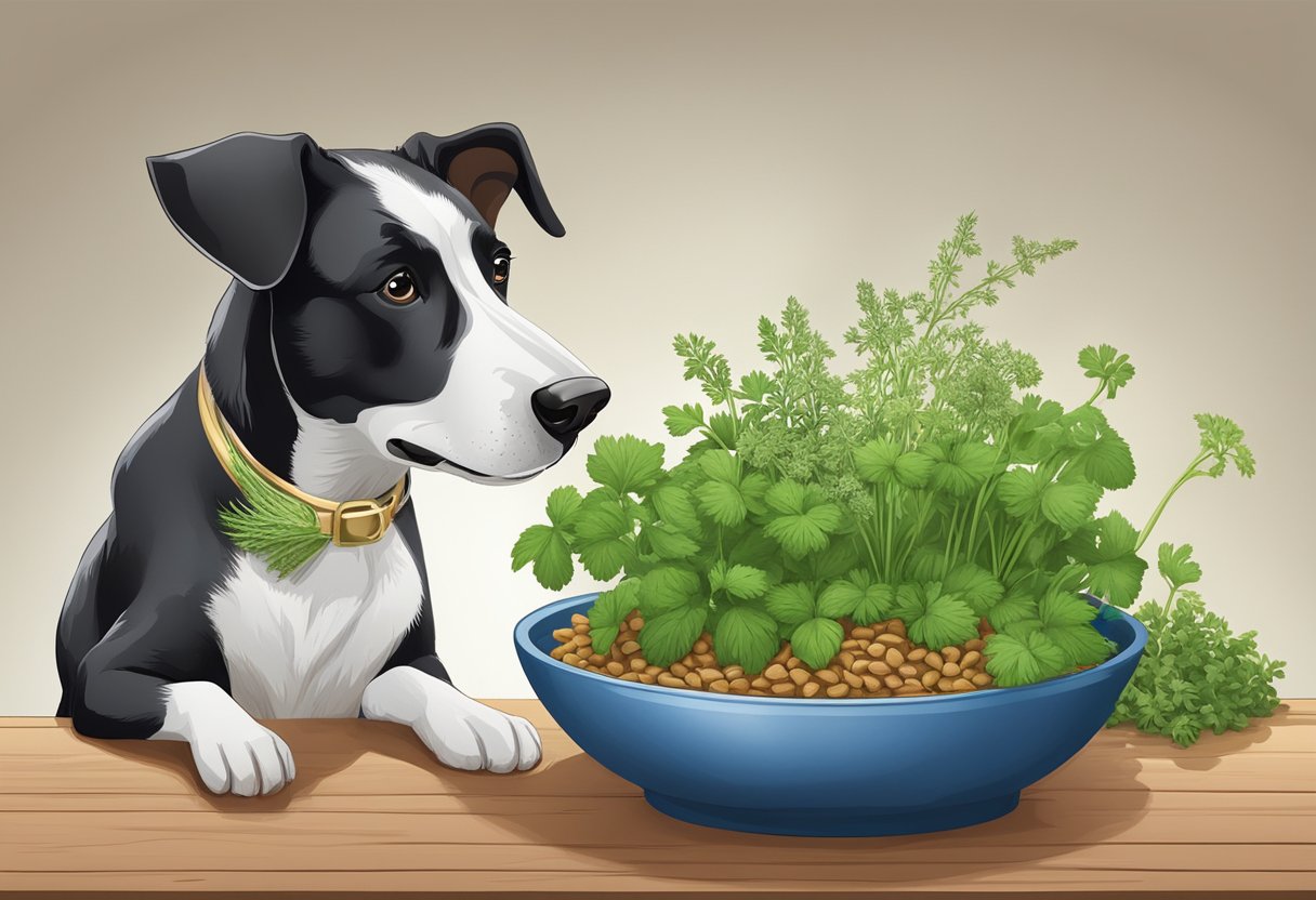 A dog sniffs various herbs, including chervil, next to a bowl of dog food