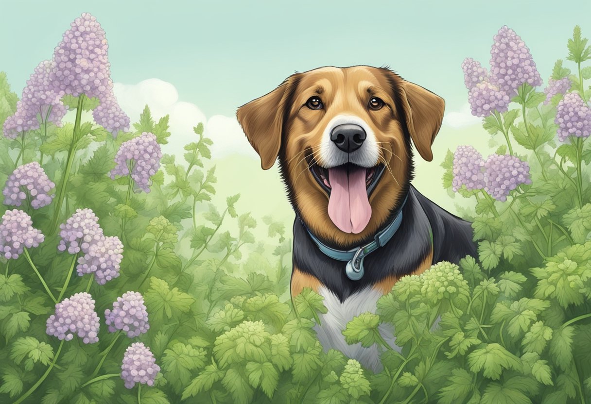 A happy dog sniffing a bunch of chervil with a curious expression on its face