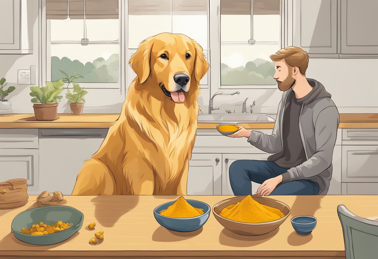 A golden retriever eagerly sniffs a bowl of turmeric-spiced food, while its owner watches with curiosity.