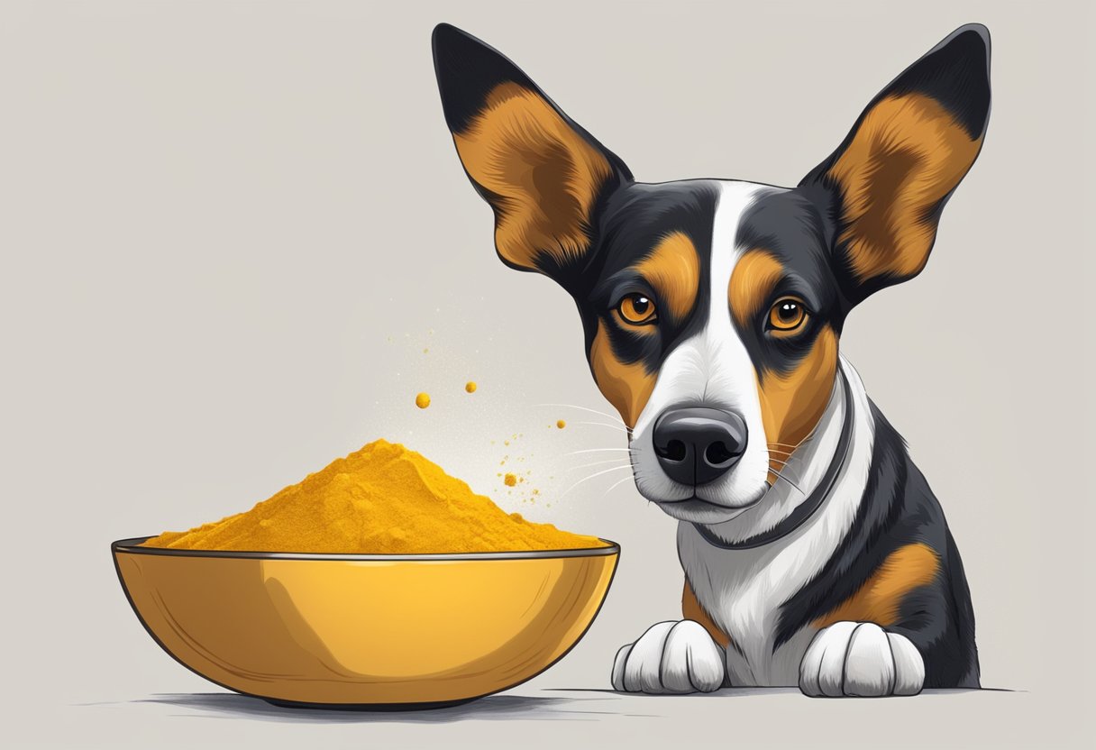 A dog sniffing a bowl of turmeric powder with a curious expression.