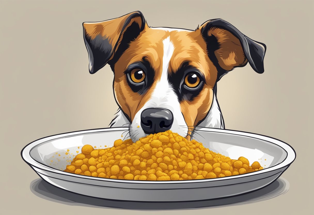 A dog eating turmeric sprinkled on its food dish, with a curious expression and wagging tail.