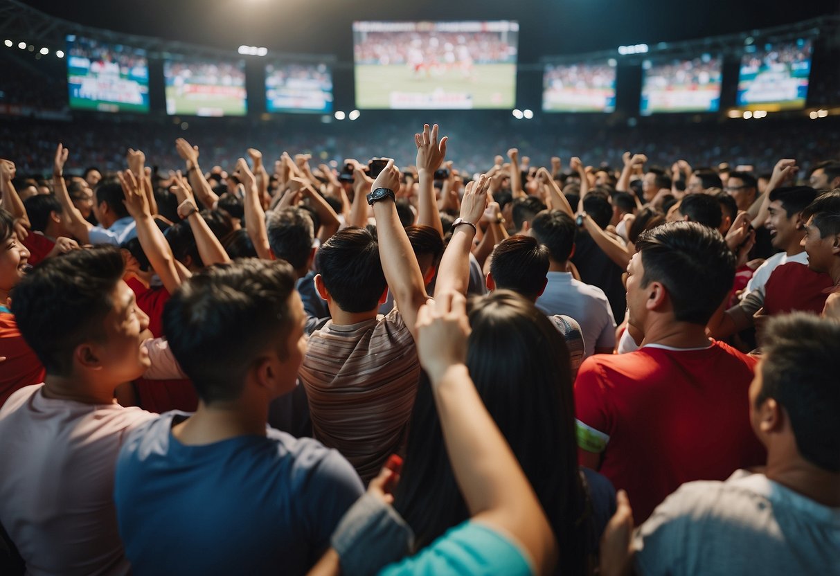 A group of people gathering around a screen, cheering and celebrating while watching a football match in Singapore. Betting slips and money exchanging hands
