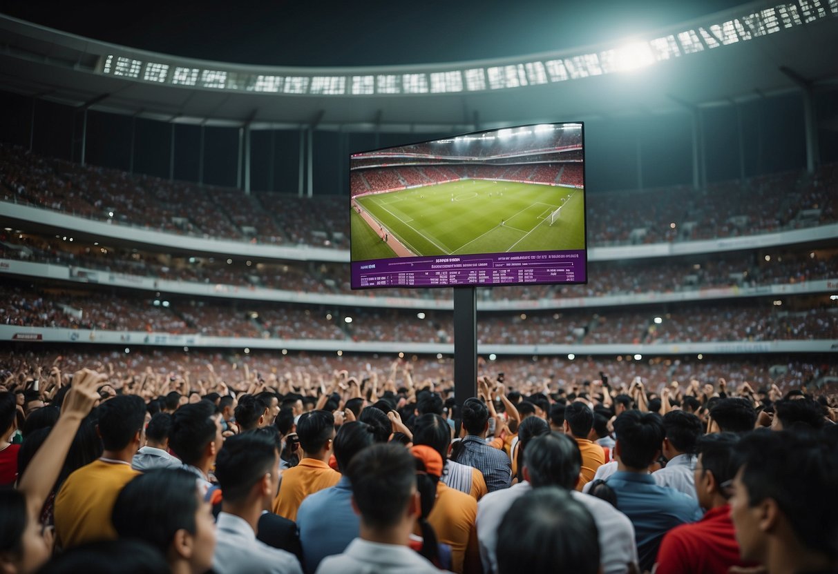 A crowd cheers at a Singapore football match, with a stadium backdrop and betting odds displayed on a screen