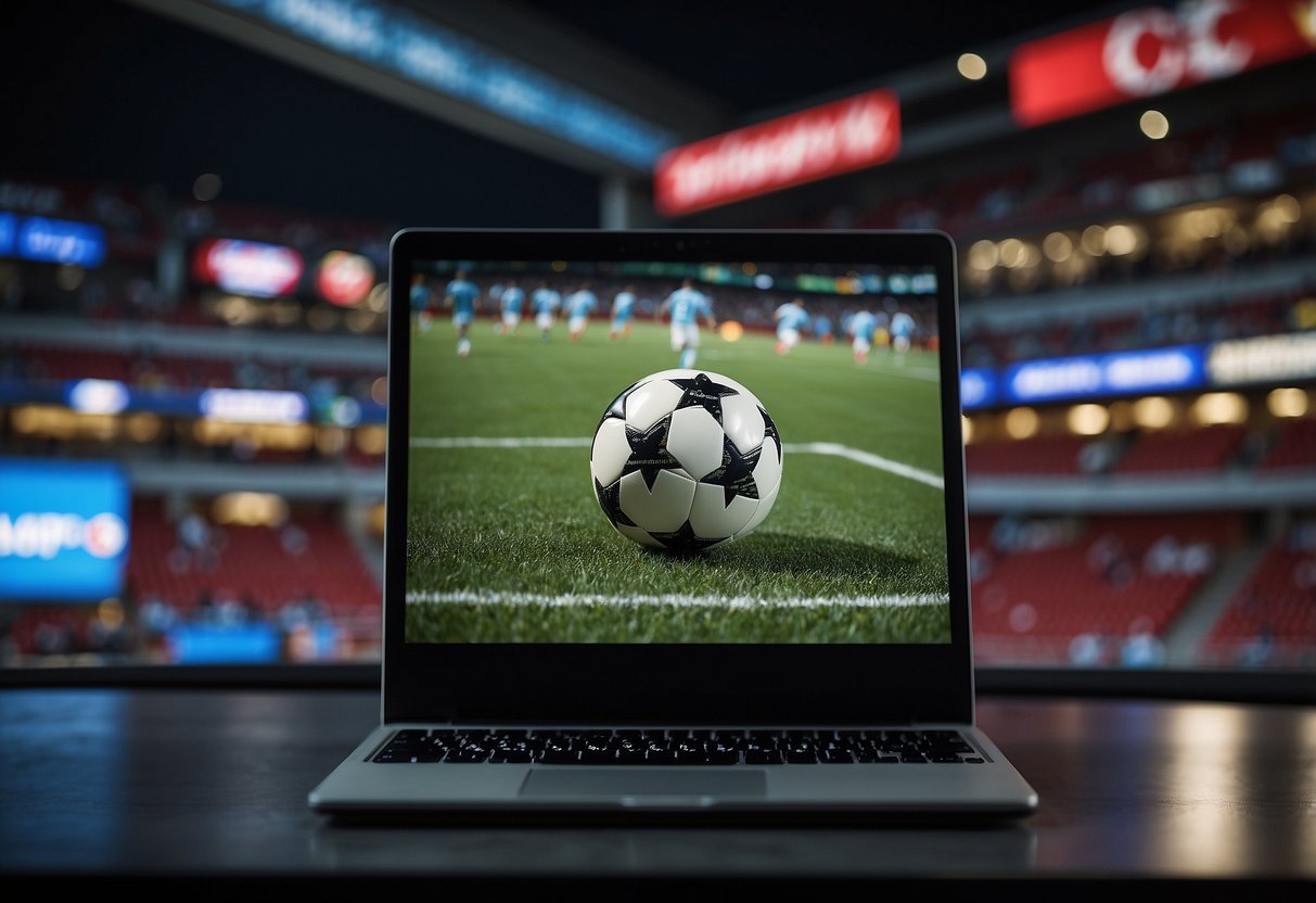 A computer screen displays a Singapore football match with odds and betting options. A smartphone rests nearby, showing the same platform