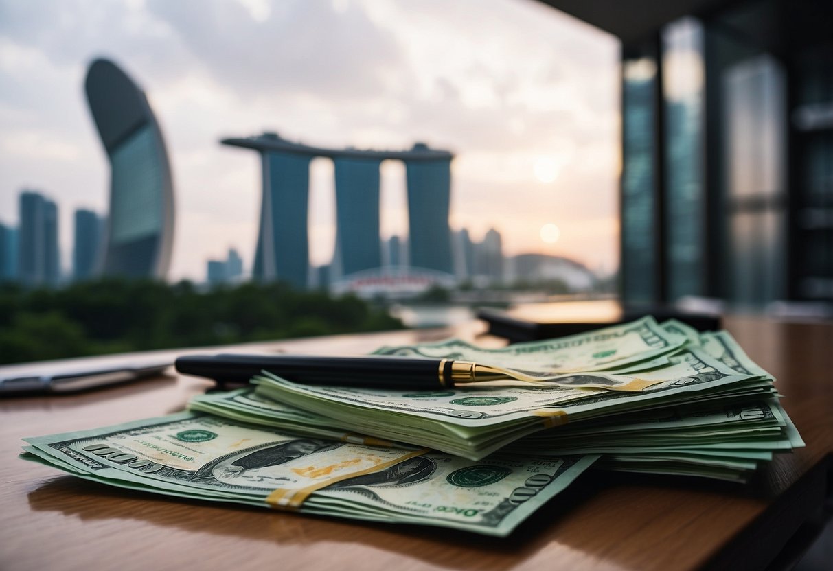 A stack of cash and a payslip on a desk, with the Singapore skyline in the background