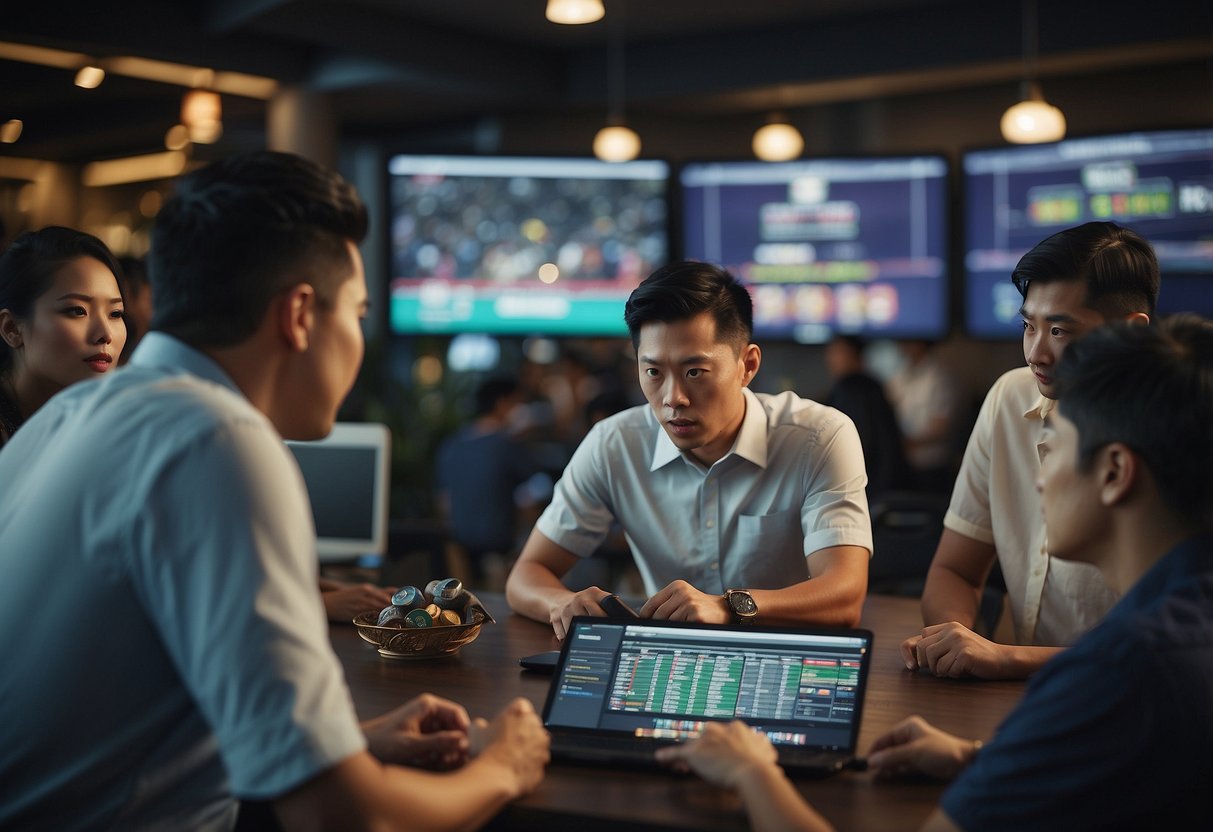 A group of people gathered around a screen, pointing and discussing while looking at a website titled "Frequently Asked Questions: Singapore Football Betting."