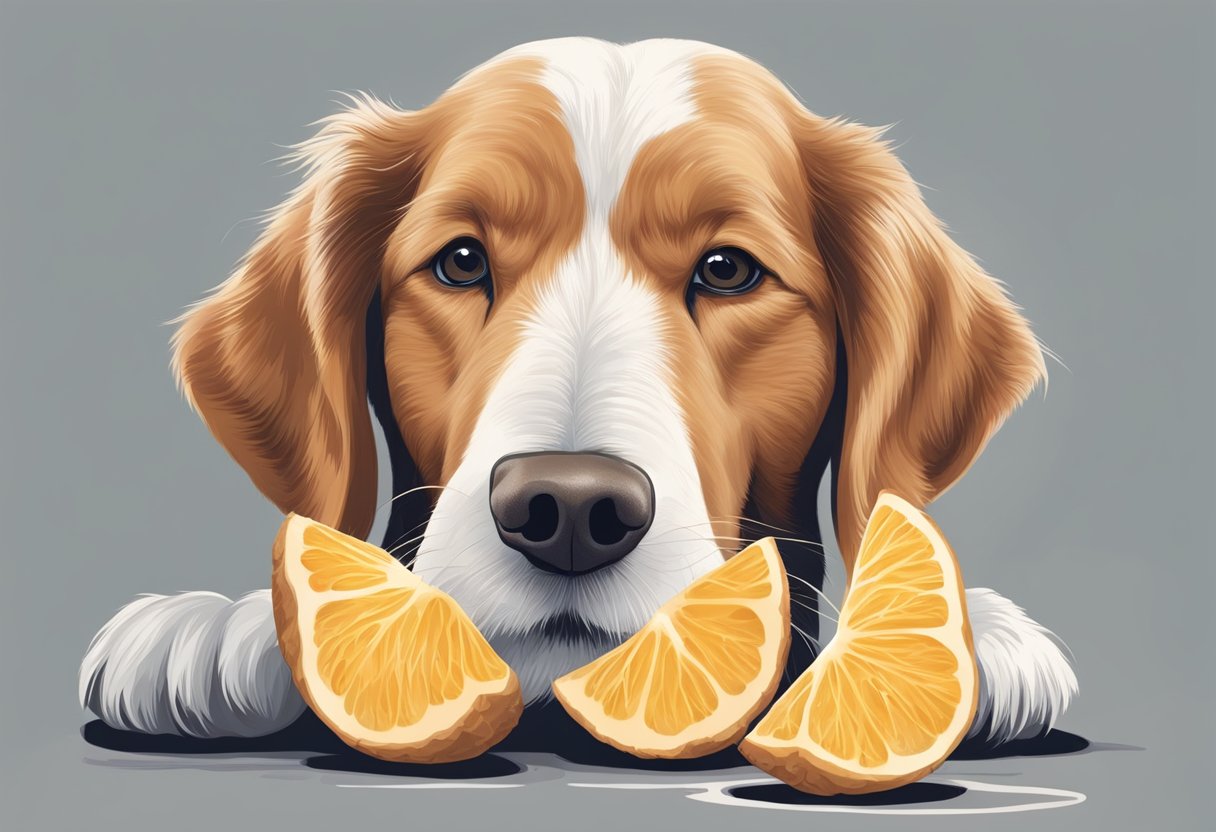 A dog eagerly sniffs a fresh piece of ginger, its tail wagging with curiosity.