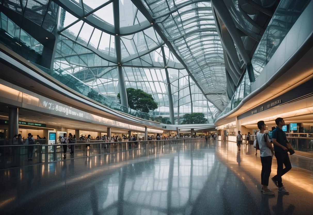 Singapore Terminal 3: Modern architecture, sleek glass walls, and spacious interior with futuristic lighting and bustling activity