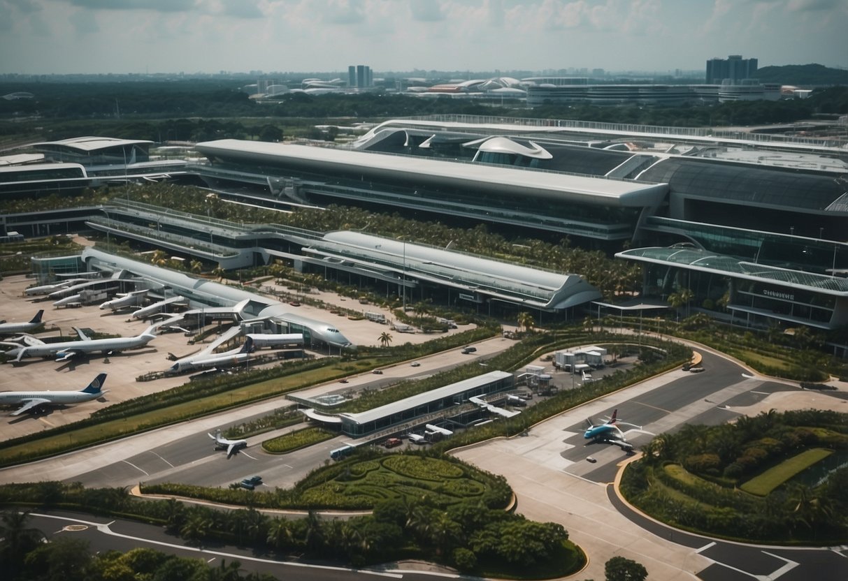 Aerial view of Terminal 3 at Singapore's Changi Airport. Busy tarmac with planes, modern architecture, and lush greenery