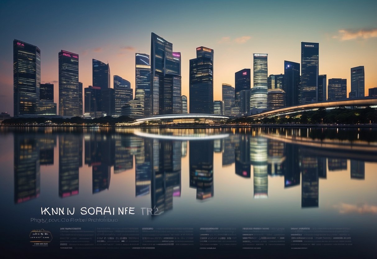 A skyline of Singapore with various corporate buildings and a graph depicting salary trends in the foreground