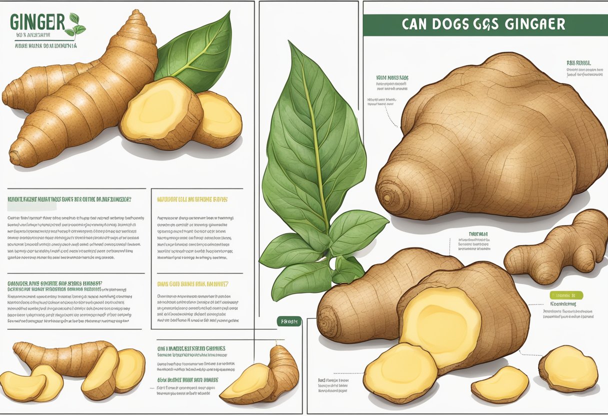 Ginger root and nutritional facts displayed with a question "Can dogs eat ginger?" on a white background.
