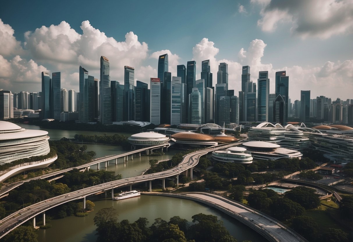 A bustling cityscape with high-rise buildings and crowded streets, showcasing the dense population and socioeconomic factors of Singapore