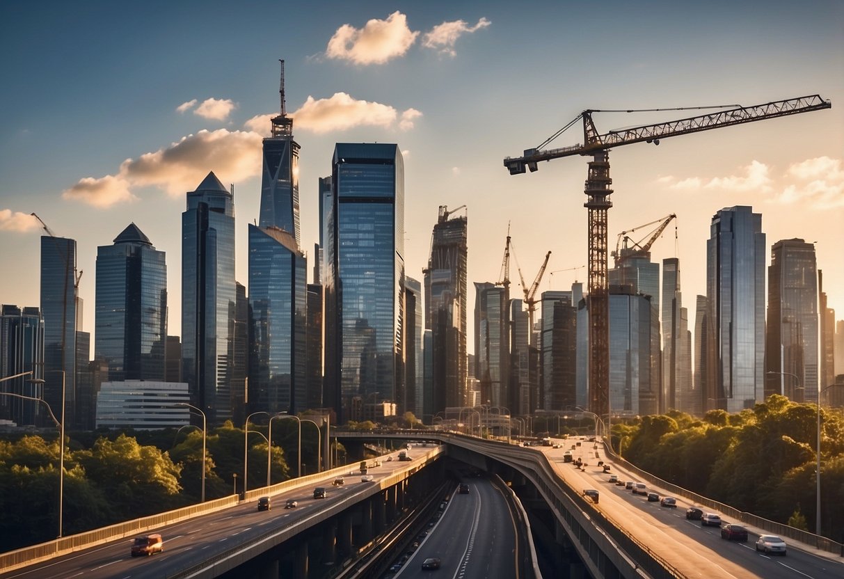 A bustling cityscape with skyscrapers and a diverse range of professionals commuting to work. The skyline is dotted with construction cranes, symbolizing growth and development