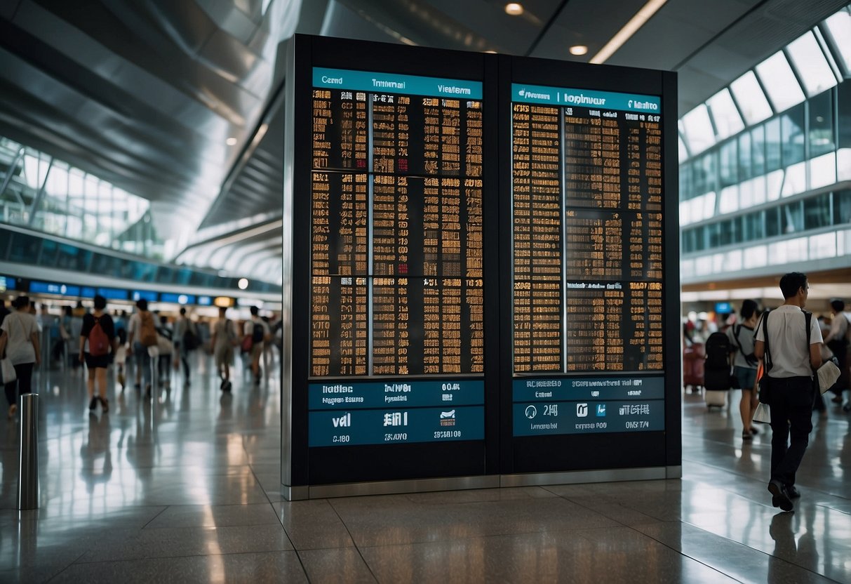Passengers and flight information boards in Singapore Terminal 3