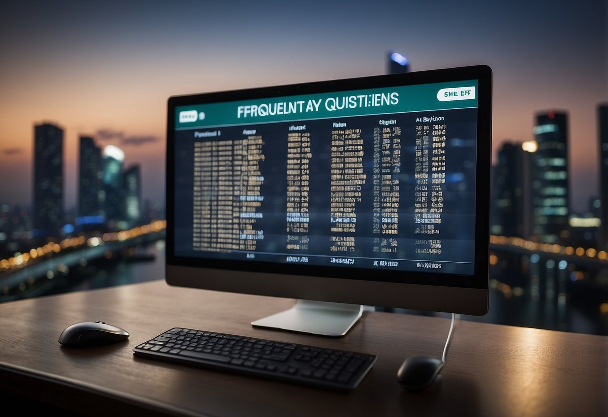 A computer screen displaying "Frequently Asked Questions" with a list of salary-related inquiries, set against a backdrop of the Singapore skyline