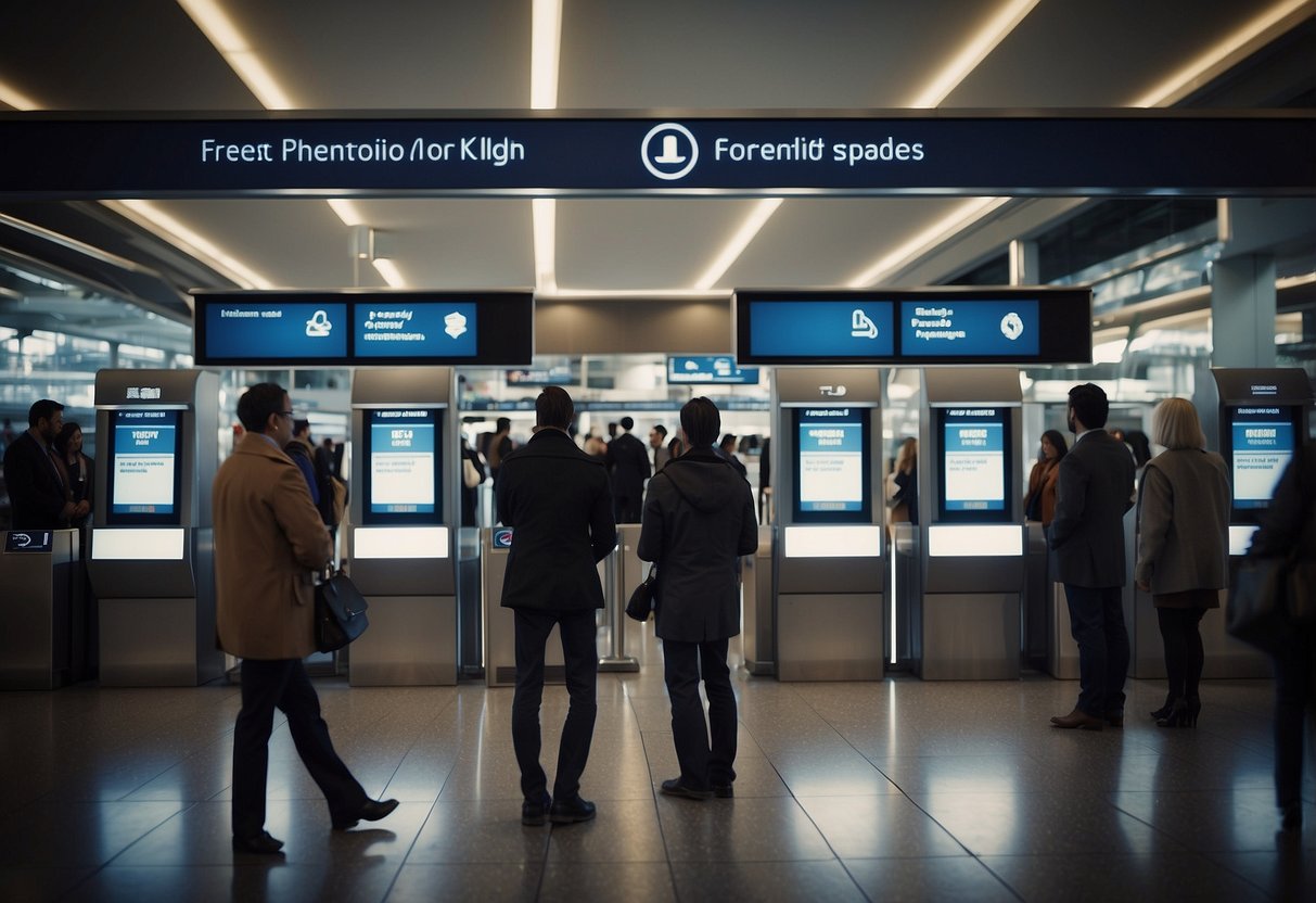 Passengers line up at information kiosks. Signs display "Frequently Asked Questions" in multiple languages. The modern terminal exudes a sense of efficiency and convenience