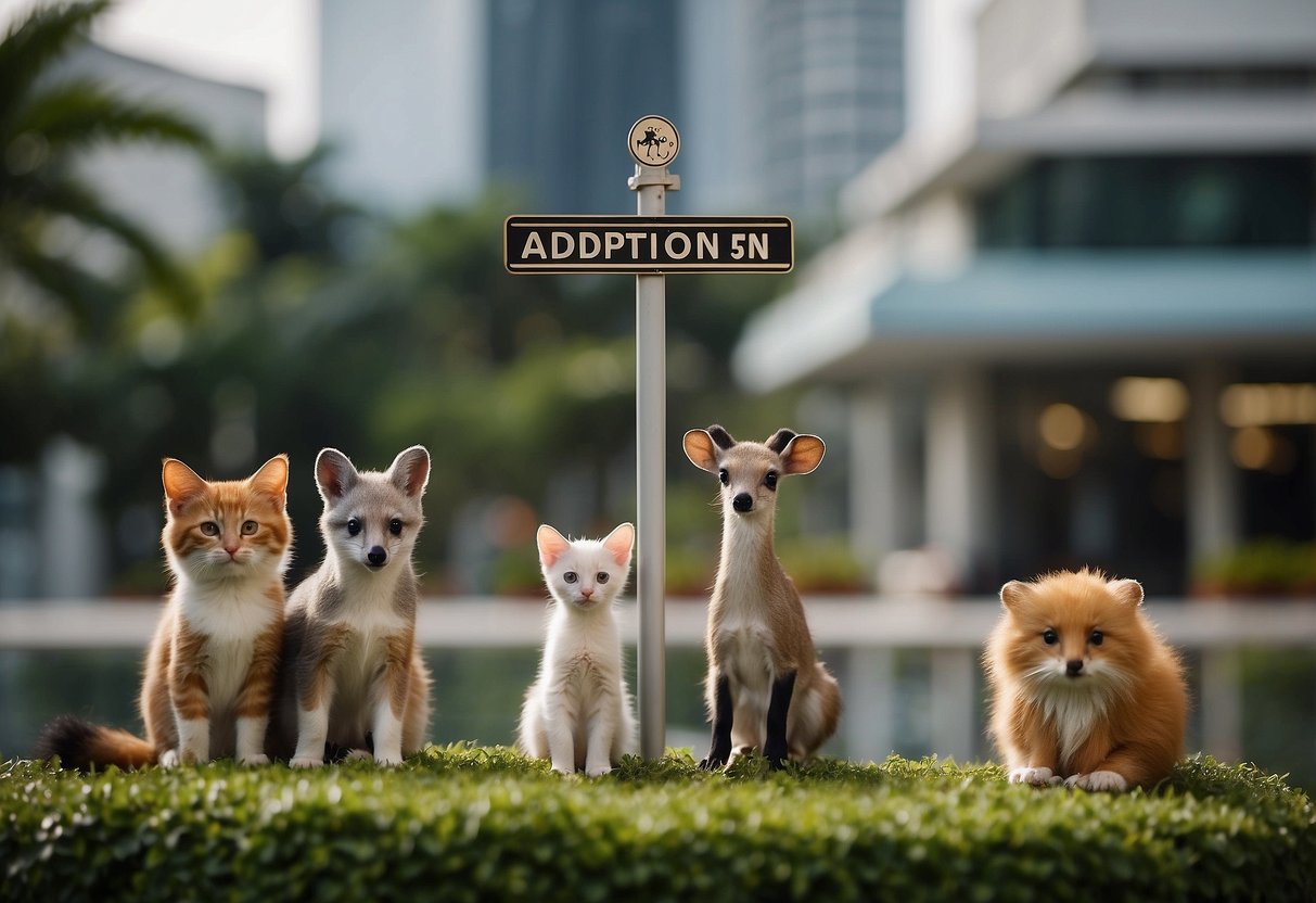 A family of diverse animals happily gathered around an adoption center sign in Singapore