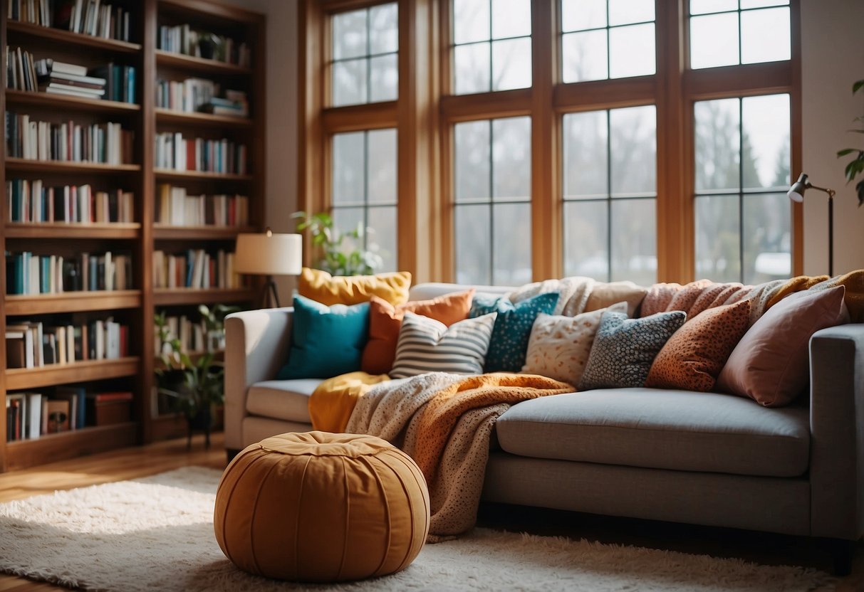 A cozy living room with a bean bag chair in the center, surrounded by soft pillows and a warm throw blanket. A bookshelf filled with colorful books and a large window letting in natural light