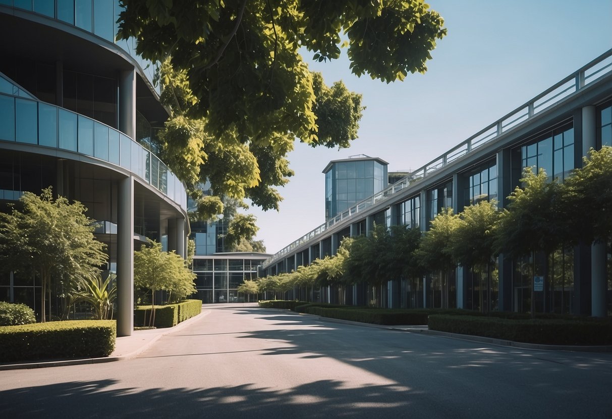 An industrial complex with modern architecture and machinery, surrounded by lush greenery and clear blue skies