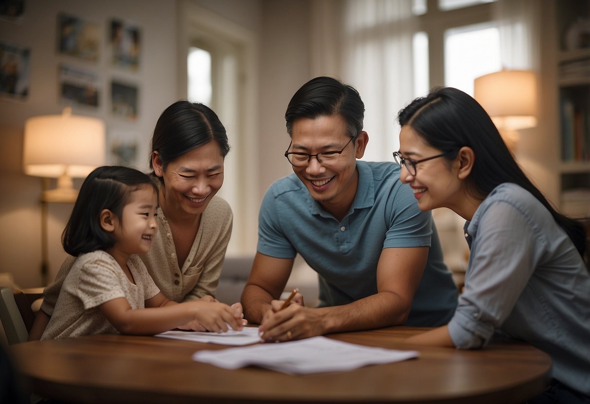 A family sits in a cozy room, filling out paperwork. A social worker smiles as they explain the adoption process in Singapore