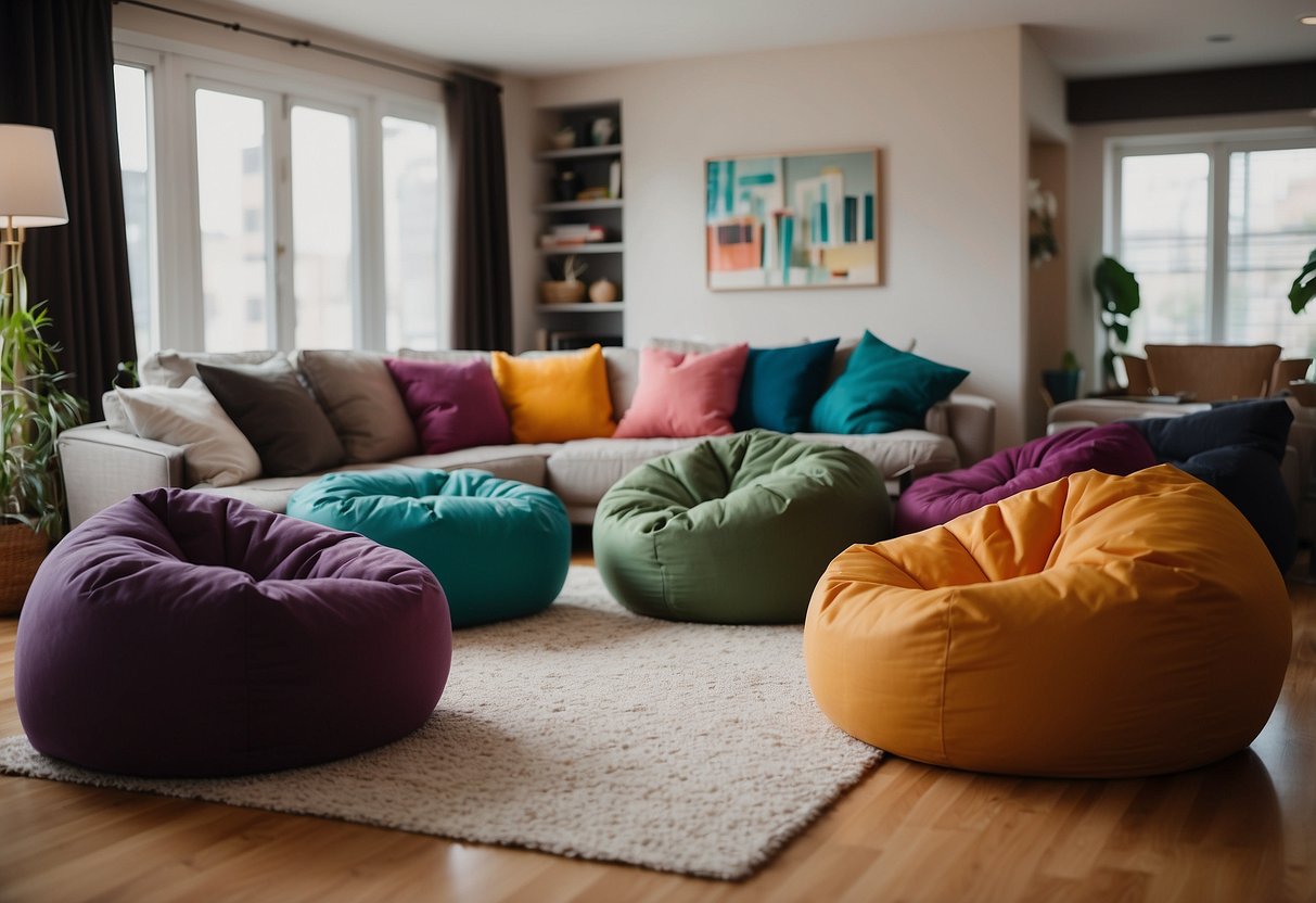 A cozy living room with a variety of bean bag sizes and colors, arranged neatly for customers to test and choose from