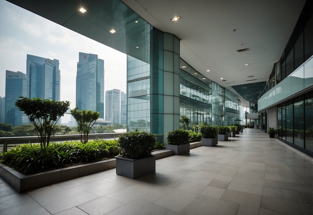 A modern office building in Singapore with the Applied Materials logo displayed prominently. Surrounding businesses and infrastructure indicate the company's economic impact on the city
