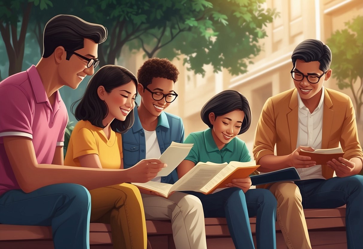 A colorful illustration of a diverse group of people reading and discussing a list of frequently asked questions about adoption in Singapore