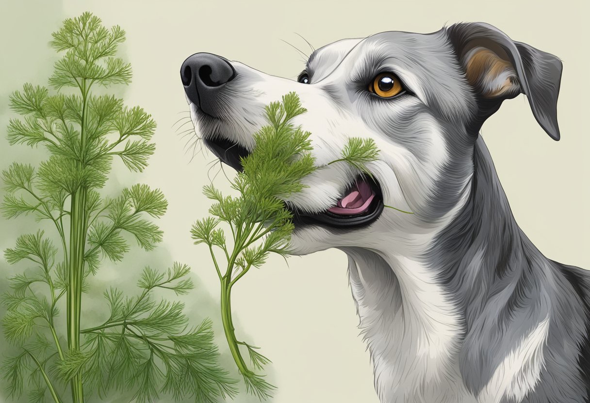A dog eagerly sniffs a sprig of dill, while a curious expression crosses its face