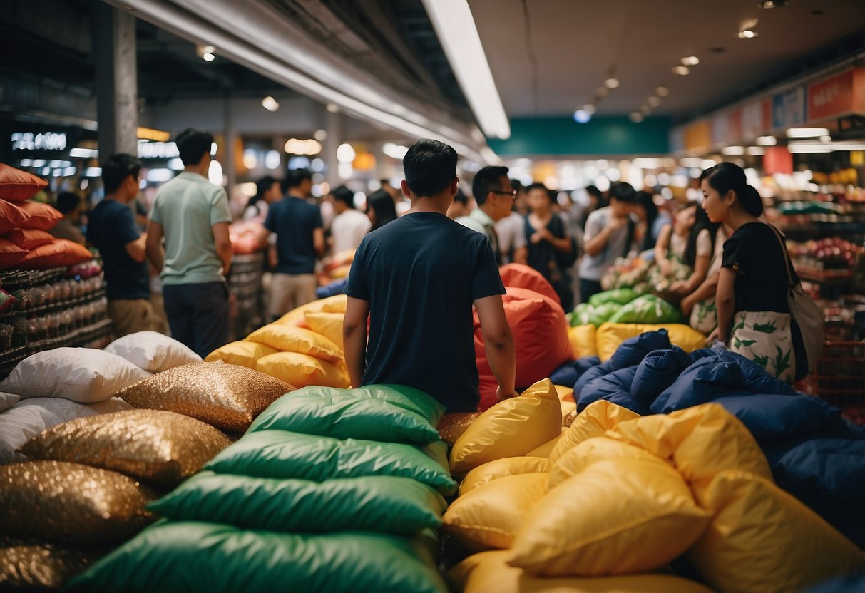 A bustling Singaporean market with colorful bean bag brands on display, shoppers browsing and making purchases