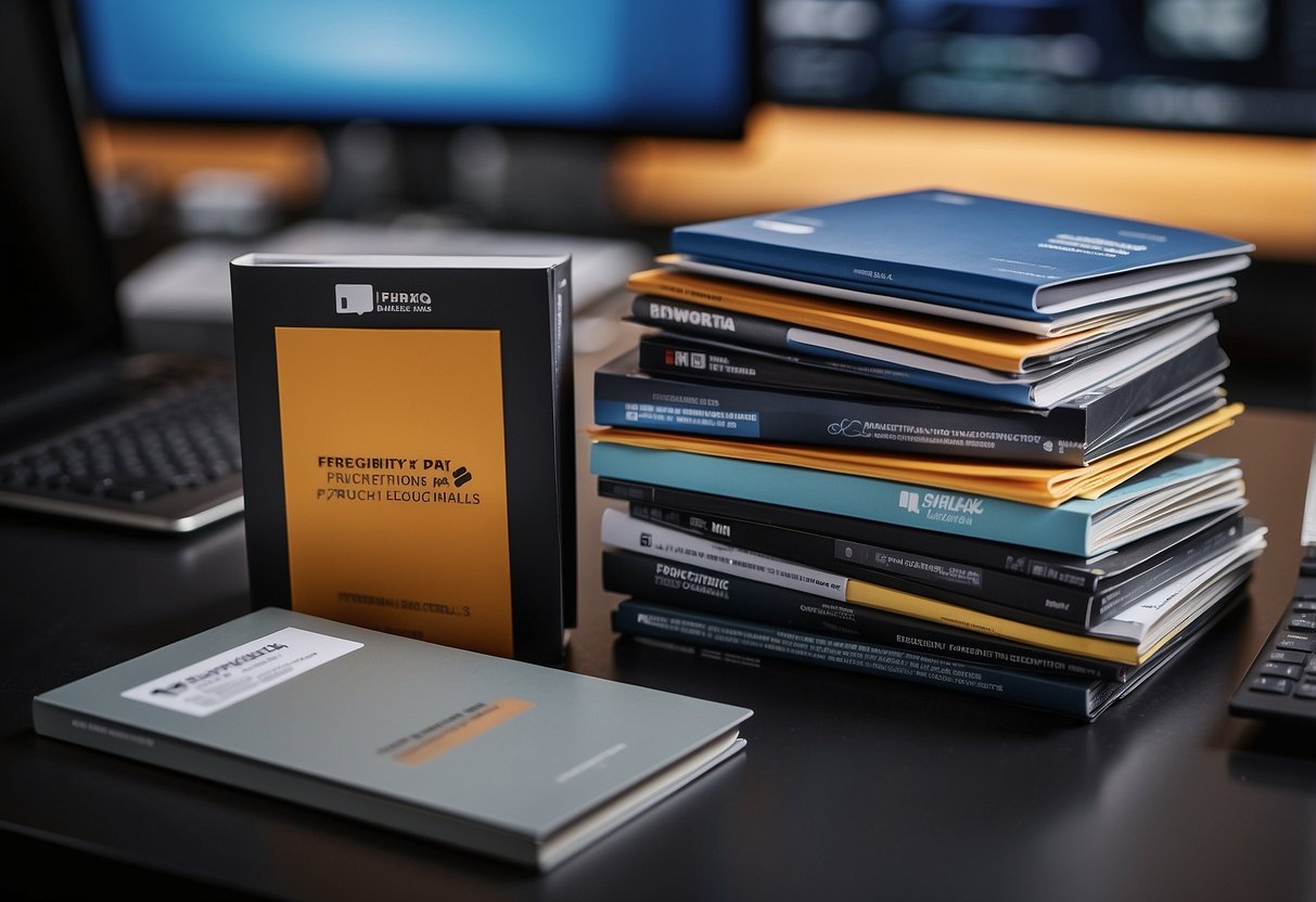 A stack of brochures and product samples with the "Frequently Asked Questions" title, surrounded by office supplies and a computer screen displaying the Applied Materials Singapore logo