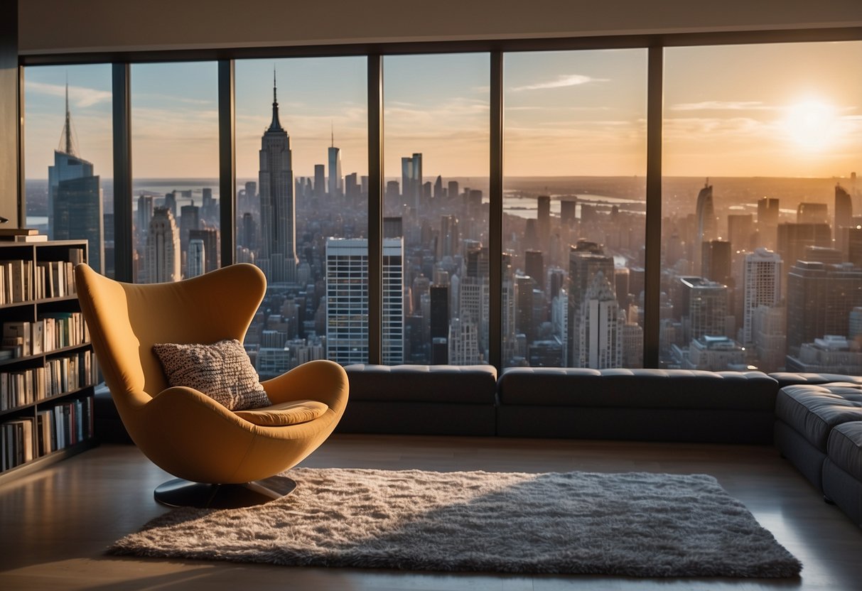 A cozy living room with a modern bean bag chair, surrounded by shelves of books and a large window with a view of the city skyline