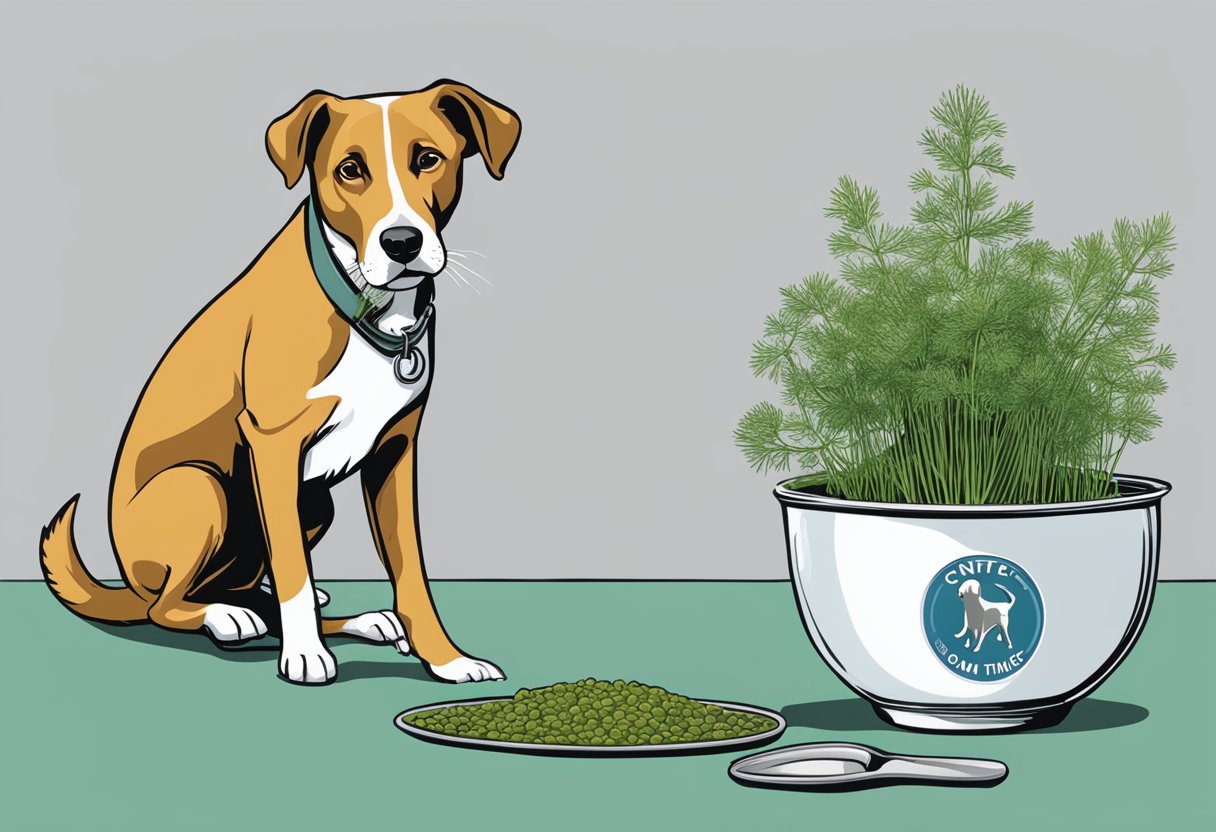 A dog sniffs a sprig of dill while a caution sign and a bowl of water sit nearby
