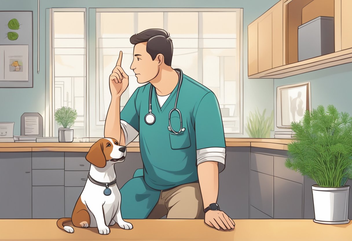 A dog sits in a veterinarian's office, looking up at the veterinarian who is holding a sprig of dill. The veterinarian is gesturing and discussing the topic with the dog's owner