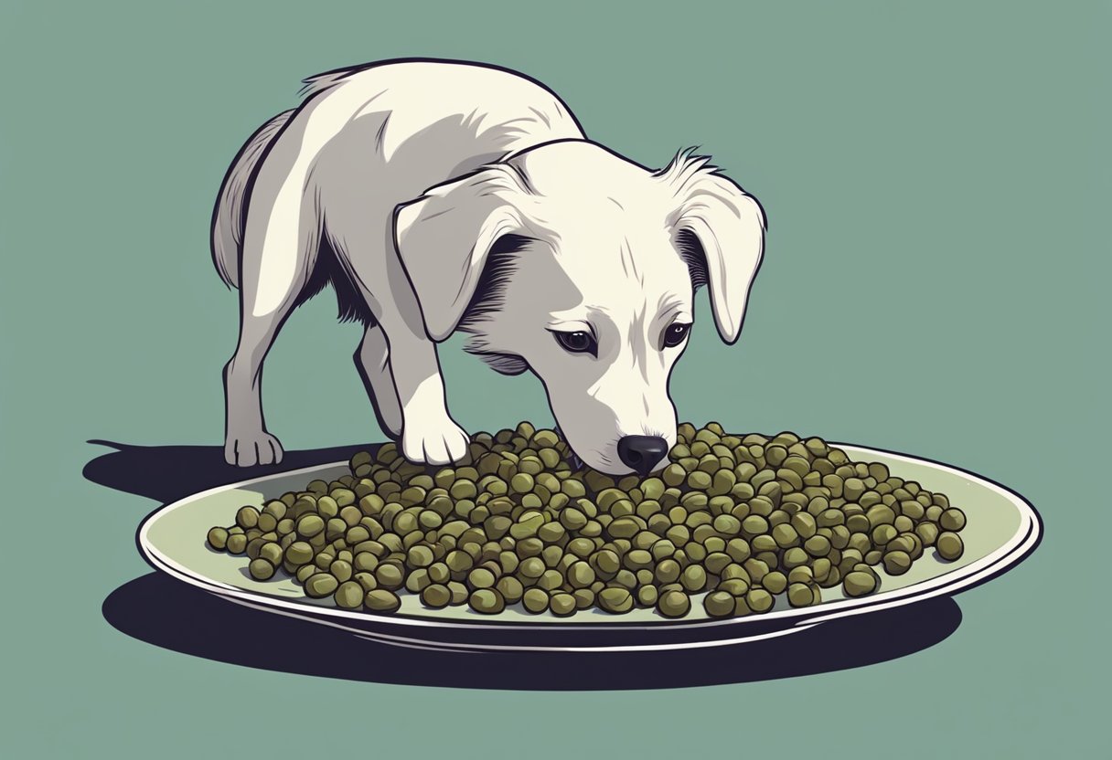 A dog eagerly sniffs a small pile of capers on a plate, while its tail wags in anticipation.