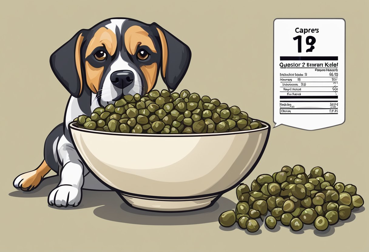 A bowl of capers with a nutritional label next to it. A dog eagerly looks at the capers, with a question mark above its head.