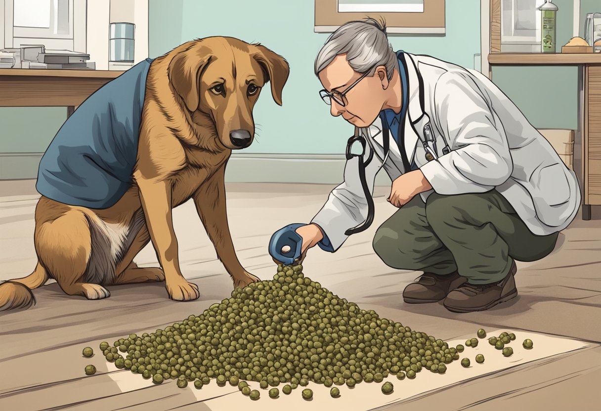 A dog eagerly sniffs a small pile of capers, while a veterinarian nods approvingly in the background.